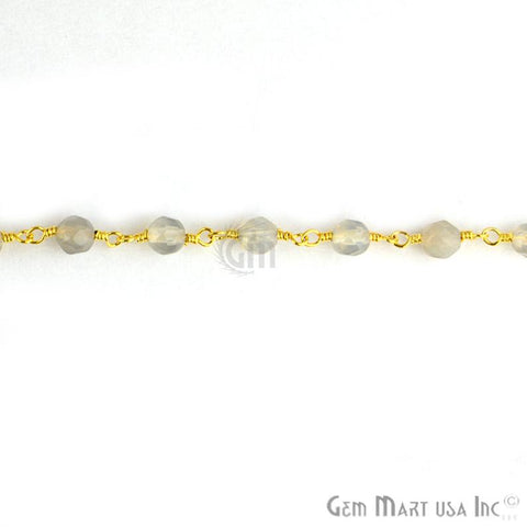 Grey Jade Faceted Beads 4mm Gold Plated Wire Wrapped Rosary Chain - GemMartUSA