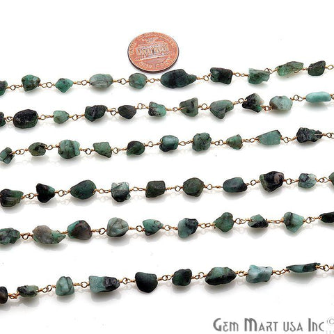 Rough Emerald Tumble Beads Gold Plated Wire Wrapped Rosary Chain