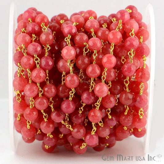 Pink Sunstone Jade Faceted Beads 8mm Gold Plated Wire Wrapped Rosary Chain - GemMartUSA