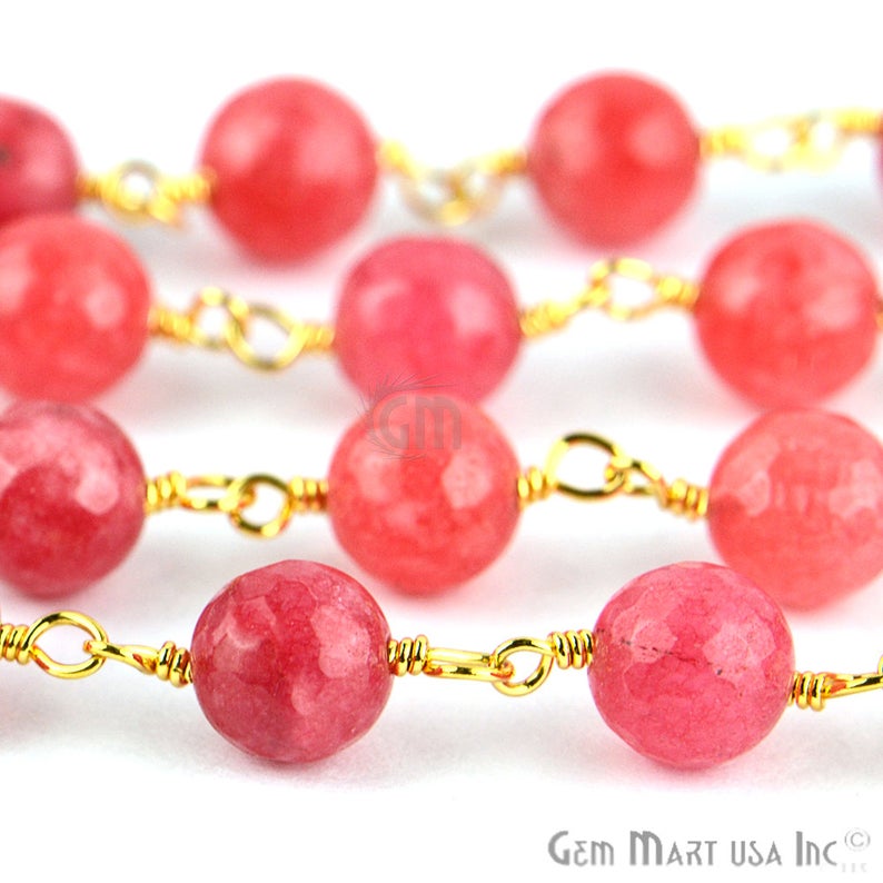 Pink Sunstone Jade Faceted Beads 8mm Gold Plated Wire Wrapped Rosary Chain - GemMartUSA