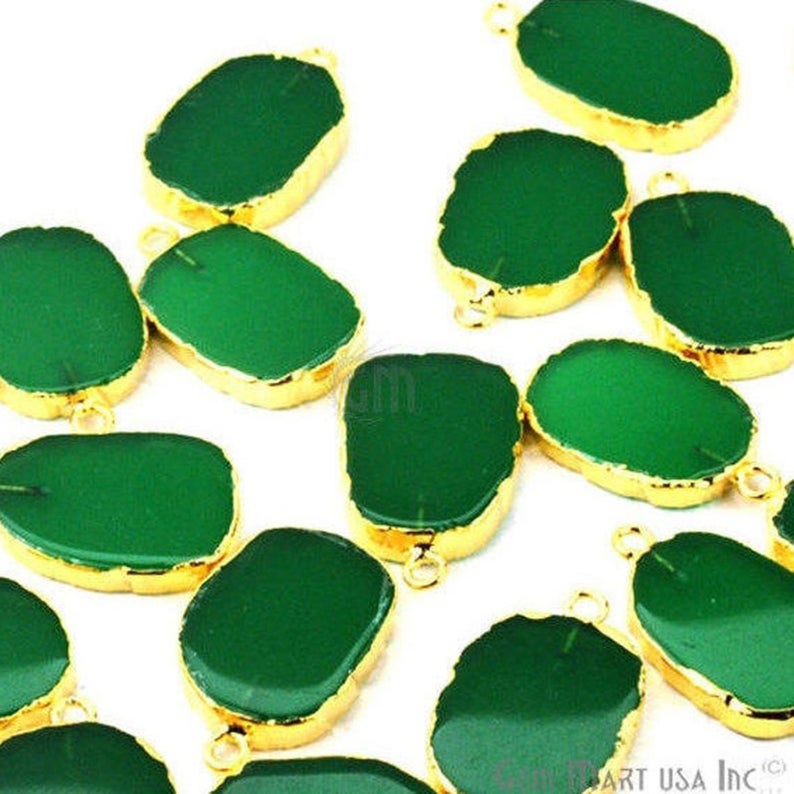 Green Onyx Petite Flat 15x20mm Gold Electroplated Gemstone Link Connector - GemMartUSA