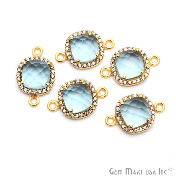 Gemstone & Cubic Zircon Pave 8mm Cushion Gold Plated Double Bail Connector (Choose Gemstone) - GemMartUSA