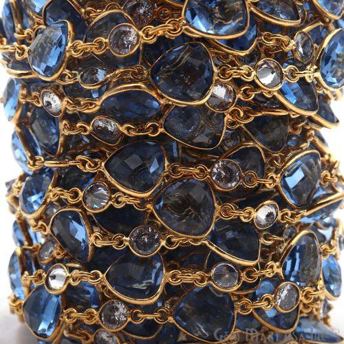 Tanzanite & Crystal Gold Plated Bezel Link Continuous Connector Chain