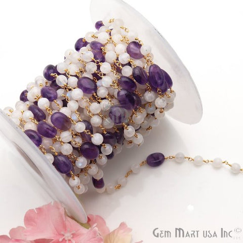 Rainbow Moonstone & Amethyst Gemstone Gold Plated Wire Wrapped Rosary Chain - GemMartUSA