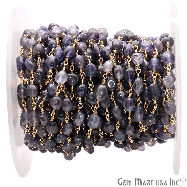 Iolite 6x4mm Organic Shape Gold Wire Wrapped Rosary Chain - GemMartUSA