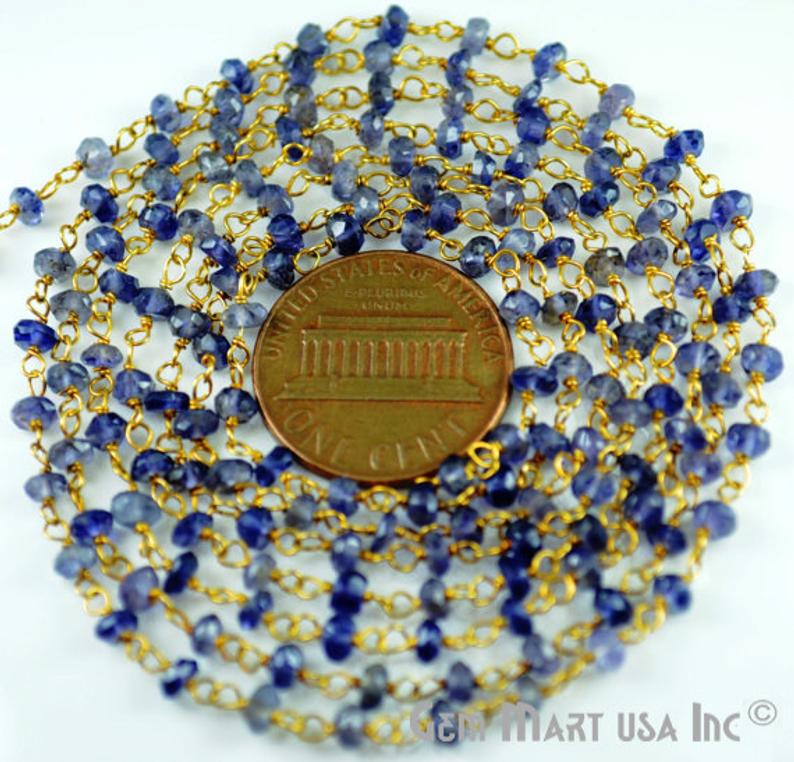 Iolite 4mm Round Beaded Gold Plated Rosary Chain - GemMartUSA