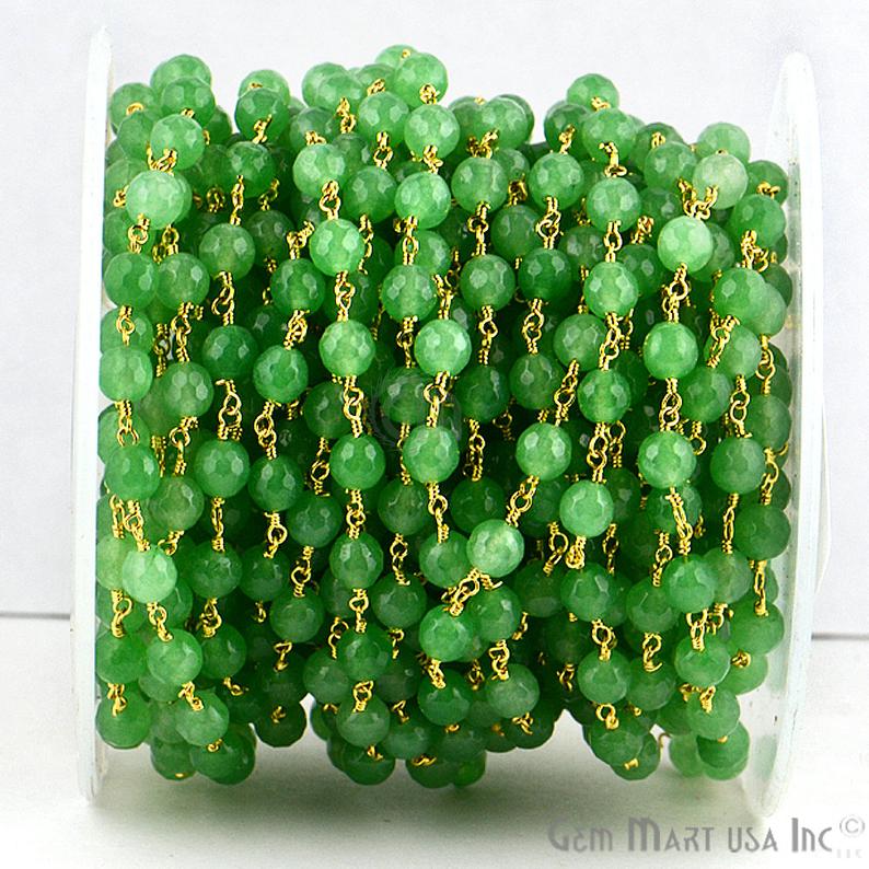 Green Jade Faceted Beads 6mm Gold Wire Wrapped Rosary Chain - GemMartUSA