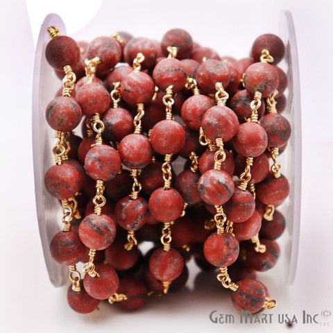 Dark Red Jasper Frosted Gold Plated Wire Wrap Round Bead Jewelry Making Rosary Chain - GemMartUSA