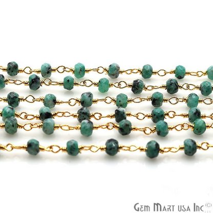 Emerald Jade 4mm Faceted Beads Gold Plated Wire Wrapped Rosary Chain