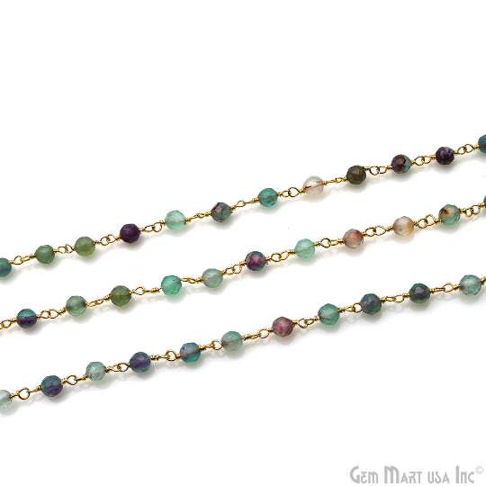 Fluorite Jade 4mm Gemstone Beads Gold Wire Wrapped Rosary Chain