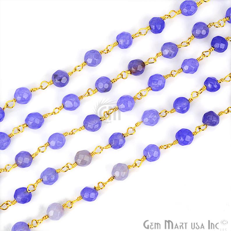 Tanzanite Jade Faceted Beads 4mm Gold Plated Wire Wrapped Rosary Chain - GemMartUSA