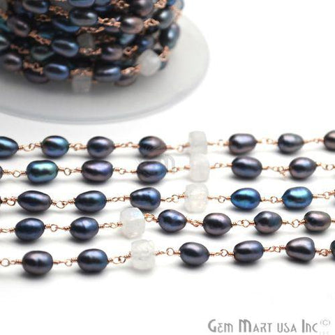 Black Pearl With Rainbow Gold Plated Wire Wrapped Gemstone Beads Rosary Chain (763740192815)