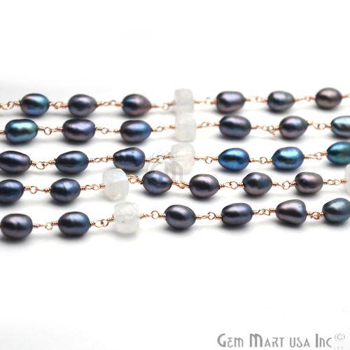 Black Pearl With Rainbow Gold Plated Wire Wrapped Gemstone Beads Rosary Chain (763740192815)