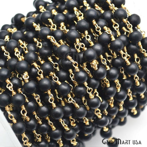 Black Tourmaline Gold Plated Wire Wrapped Beads Rosary Chain, - GemMartUSA (763741241391)