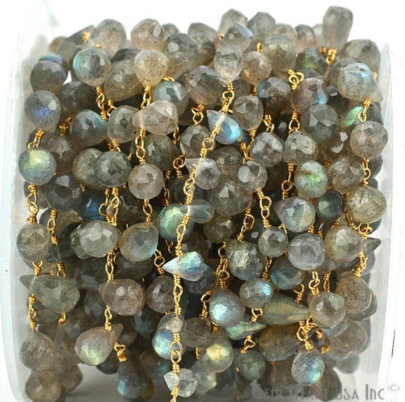 Labradorite Faceted Tear Drops Gold Wire Wrapped Briolette Rosary Chain - GemMartUSA