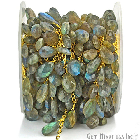 Labradorite Faceted Tear Drops Gold Wire Wrapped Briolette Dangle Rosary Chain - GemMartUSA
