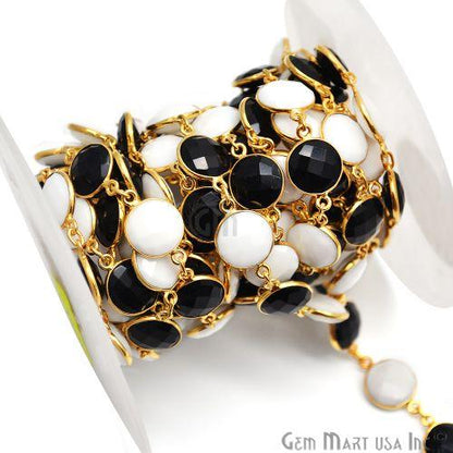 Black Onyx & White Agate 12mm Round Gold Plated Continuous Connector Chain (764279717935)