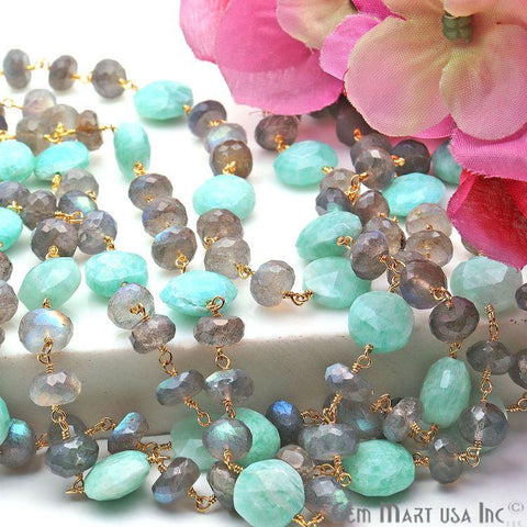 Labradorite 7-8mm & Amazonite10-11mm Gold Plated Beads Rosary Chain