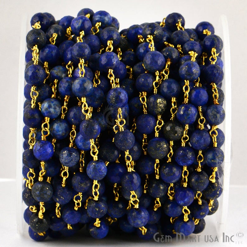 Lapis Jade Faceted Beads 8mm Gold Plated Wire Wrapped Rosary Chain - GemMartUSA