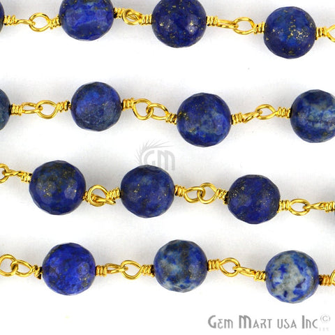 Lapis Jade Faceted Beads 8mm Gold Plated Wire Wrapped Rosary Chain - GemMartUSA