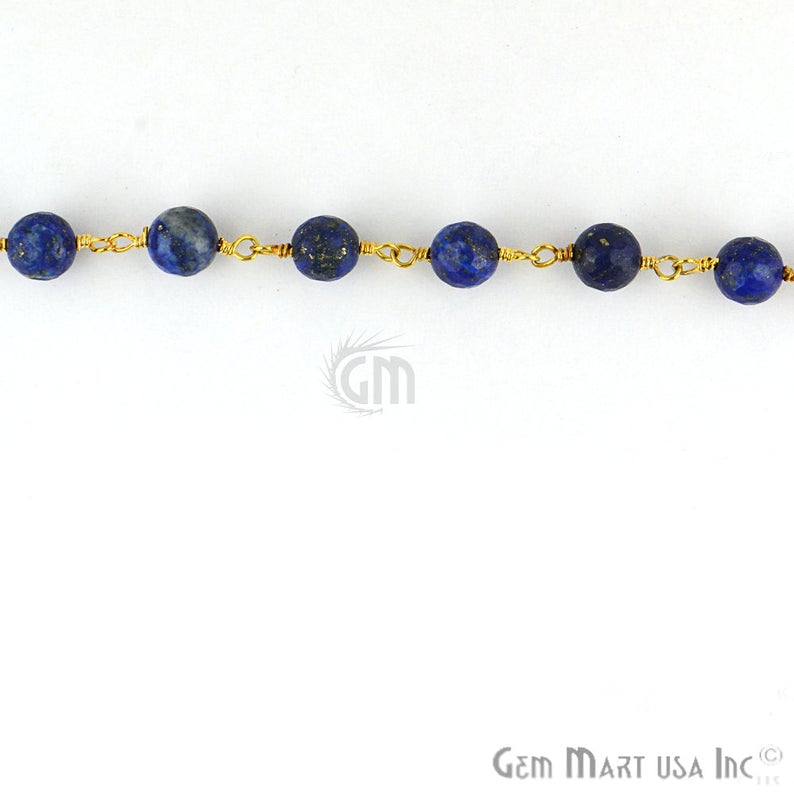 Lapis Jade Faceted Beads 8mm Gold Plated Wire Wrapped Rosary Chain - GemMartUSA