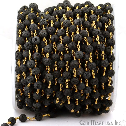 Lava Gemstone beads Round Shape Gold Plated Link Rosary Chain - GemMartUSA