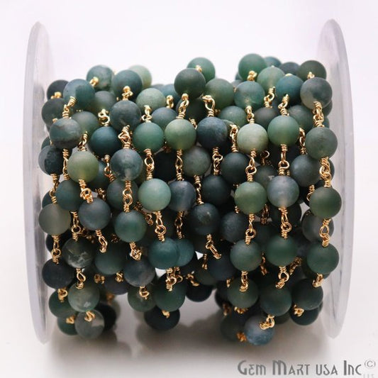 Tree Agate Frosted Gold Plated Wire Wrap Round Bead Jewelry Making Rosary Chain - GemMartUSA