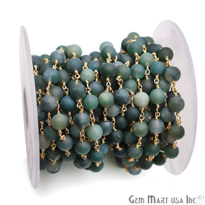 Tree Agate Frosted Gold Plated Wire Wrap Round Bead Jewelry Making Rosary Chain - GemMartUSA