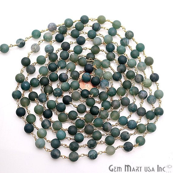 Tree Agate Frosted Gold Plated Wire Wrap Round Bead Jewelry Making Rosary Chain - GemMartUSA