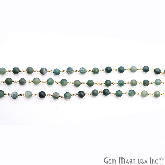 Tree Agate Frosted Gold Plated Wire Wrap Round Bead Jewelry Making Rosary Chain - GemMartUSA