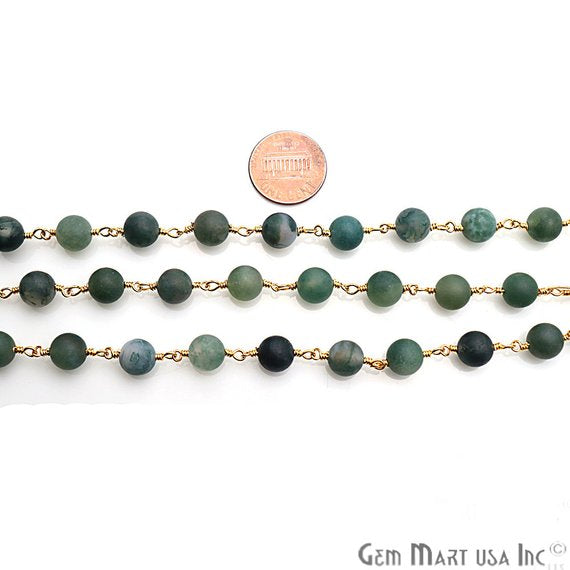 Tree Agate Frosted Gold Plated Wire Wrap Round Bead Jewelry Making Rosary Chain - GemMartUSA