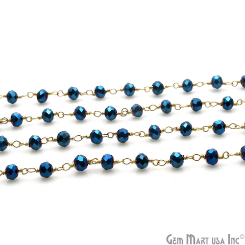 Metallic Blue 3-3.5 mm Gold Wire Wrapped Beads Rosary Chain - GemMartUSA