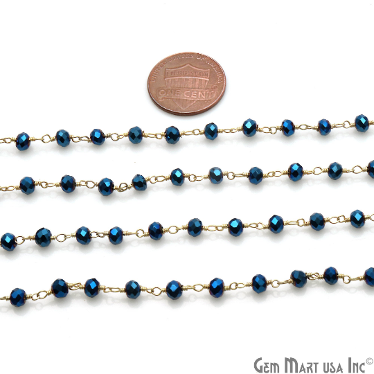 Metallic Blue 3-3.5 mm Gold Wire Wrapped Beads Rosary Chain - GemMartUSA