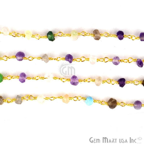 Multi Color Stone 3-3.5 Gold Plated Beaded Wire Wrapped Rosary Chain - GemMartUSA