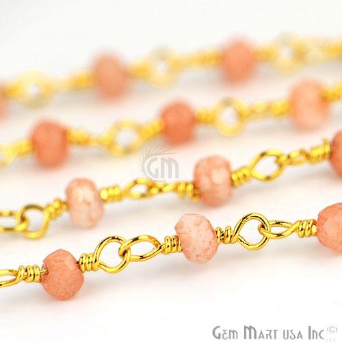 Peach Moonstone 3-3.5mm Gold Plated Wire Wrapped Rosary Chain (764019212335)