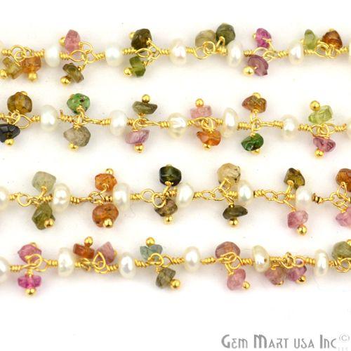 Multi Tourmaline & Pearl Beads Gold Plated Cluster Dangle Chain (764175024175)