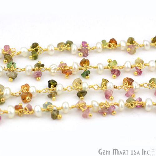 Multi Tourmaline & Pearl Beads Gold Plated Cluster Dangle Chain (764175024175)