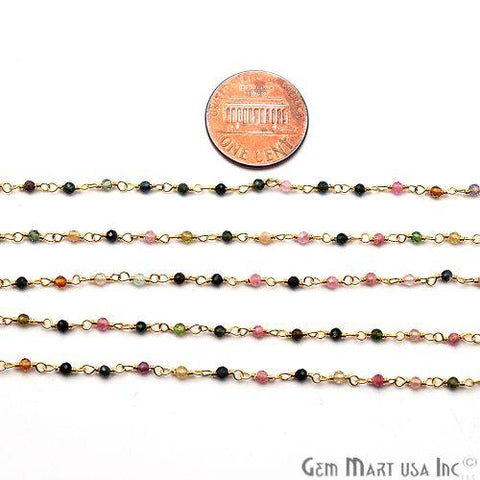 Multi Tourmaline 2mm Gold Wire Wrapped Beaded Rosary Chain