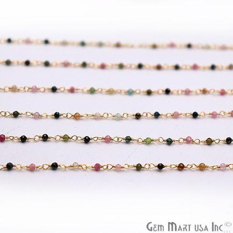 Multi Tourmaline 2mm Gold Wire Wrapped Beaded Rosary Chain