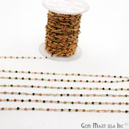 Multi Tourmaline 2mm Gold Wire Wrapped Beaded Rosary Chain