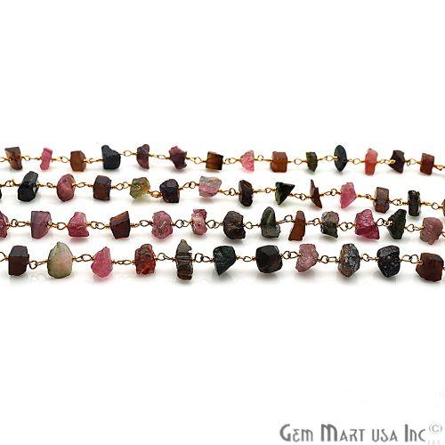 Rough Multi Color 6-8mm Nugget Gold Wire Wrapped Beaded Rosary Chain