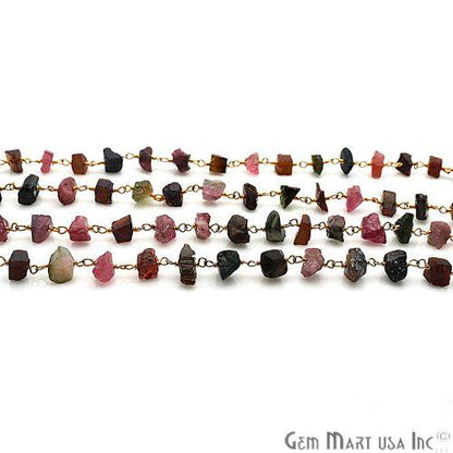 Rough Multi Color 6-8mm Nugget Gold Wire Wrapped Beaded Rosary Chain