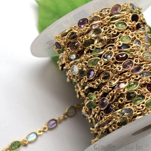 Multi Color 6x4mm Oval Gold Bezel Continuous Connector Chain (763996995631)