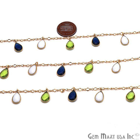 Multi Stone Pear Bezel Gold Plated Dangle Gemstone Rosary Chain