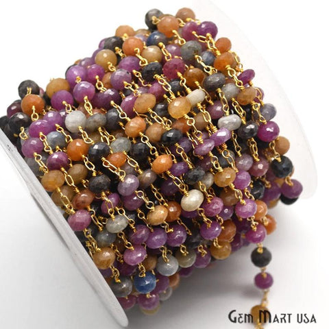 Multi-Color Beads Chain, Gold Plated Wire Wrapped Rosary Chain - GemMartUSA (764024258607)