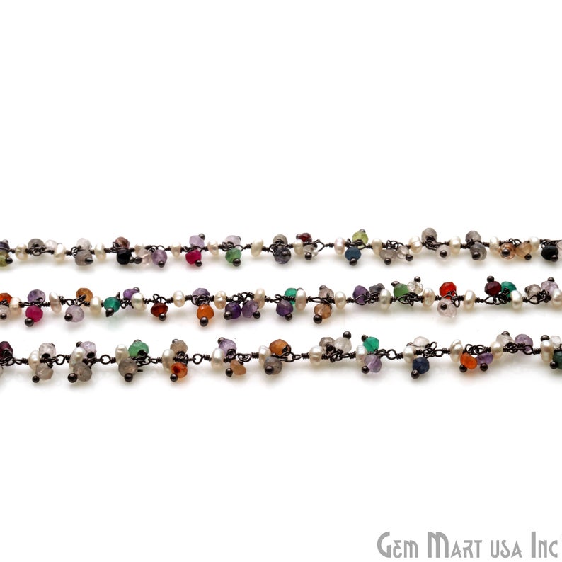 Multi Stone With Pearl 2.5-3m Oxidized Wire Wrapped Cluster Rosary Chain - GemMartUSA