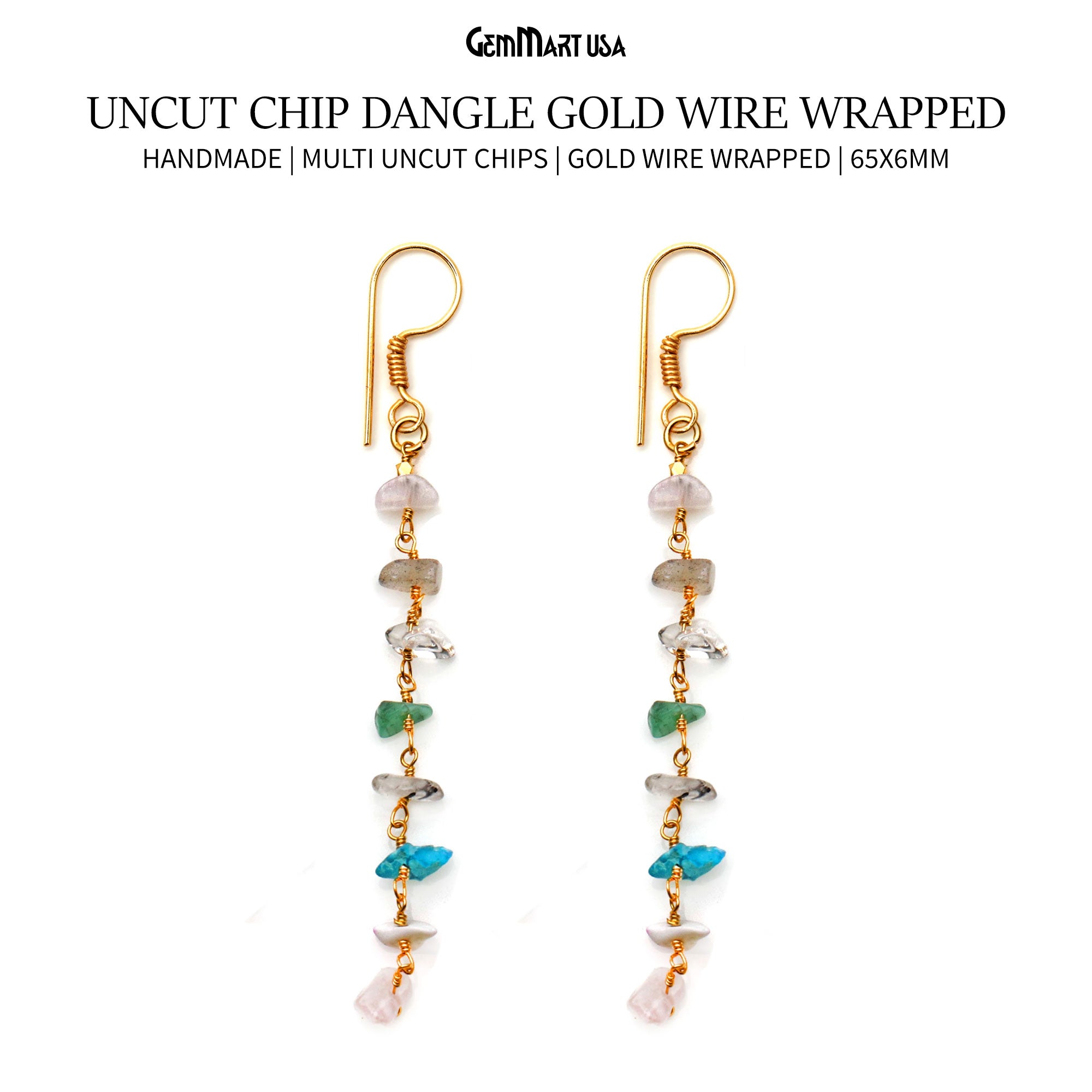 Uncut Chip Dangle Gold Wire Wrapped Y Necklace Pendant , Uncut Chip Dangle Earring