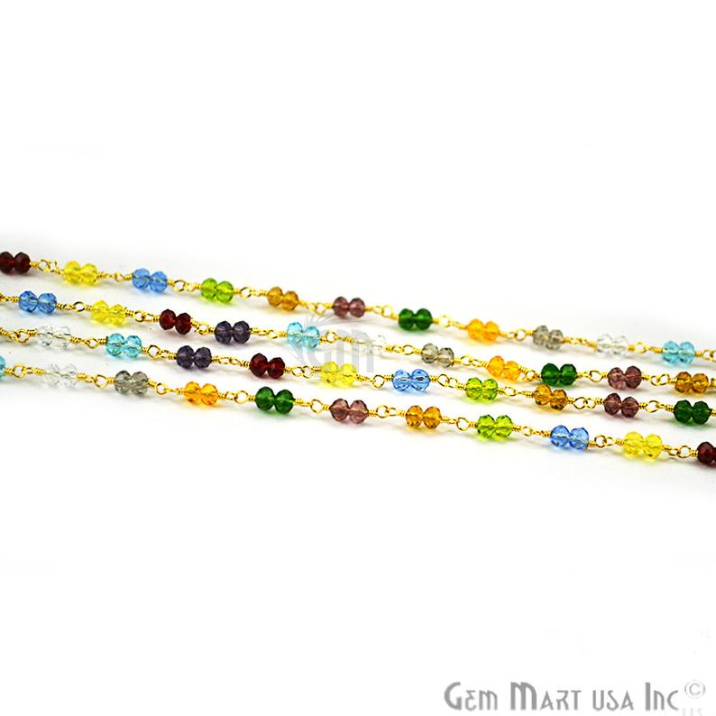 Multi Stone Zircon Faceted Beads Gold Plated Wire Wrapped Rosary Chain - GemMartUSA