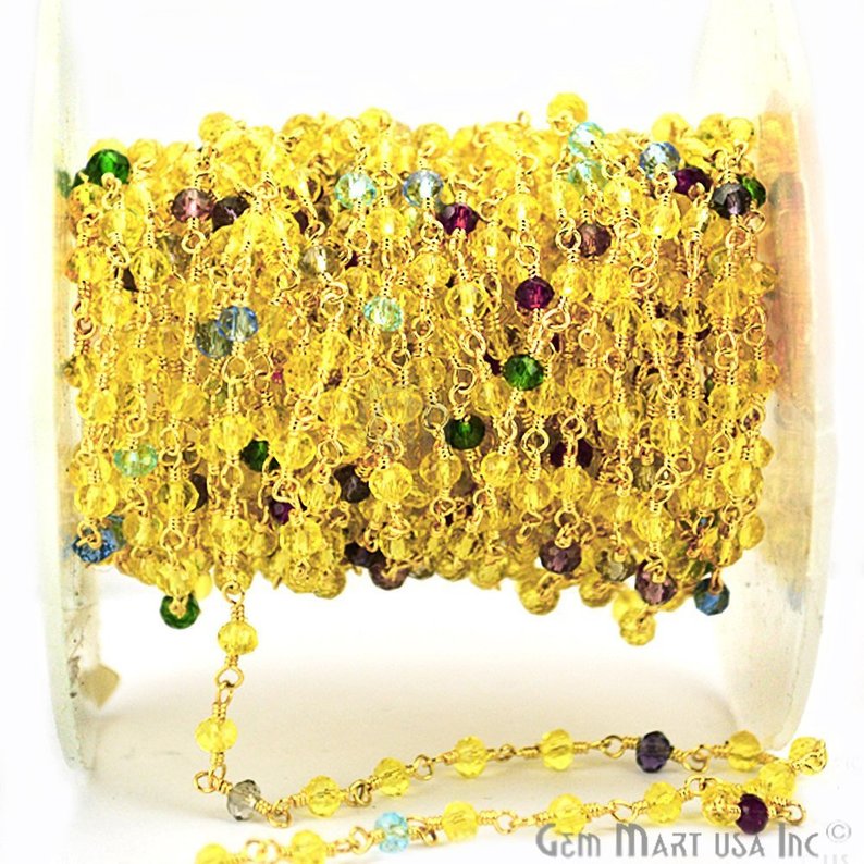 Multi Stone Zircon Faceted Beads Gold Plated Wire Wrapped Bead Fancy Rosary Chain - GemMartUSA