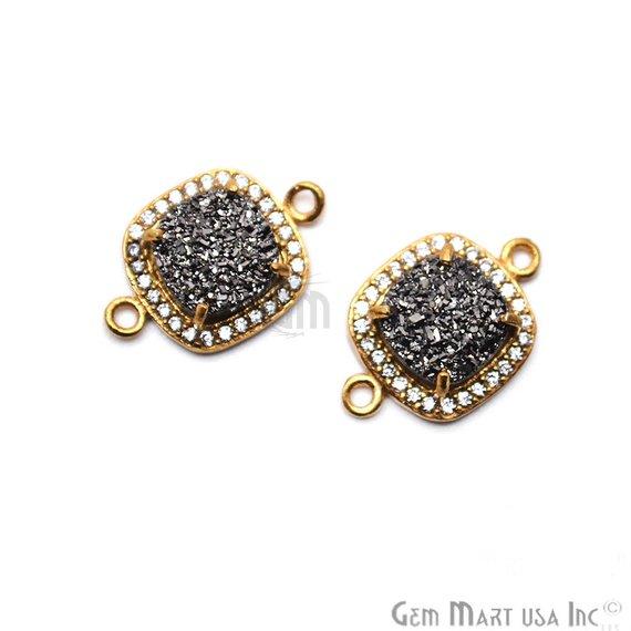 Druzy With Cubic Zircon Pave 8mm Cushion Shape Gold Plated Double Bail Gemston Connector (40015) - GemMartUSA